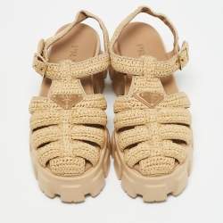 Prada Beige Raffia Monolith Platform Sandals Size 40
