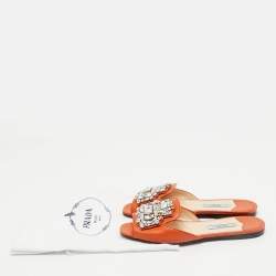 Prada Orange Saffiano Lux Leather Crystals Embellished Flat Slides  Size 36