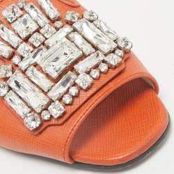 Prada Orange Saffiano Lux Leather Crystals Embellished Flat Slides  Size 36