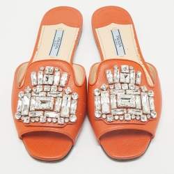 Prada Orange Saffiano Lux Leather Crystals Embellished Flat Slides  Size 36