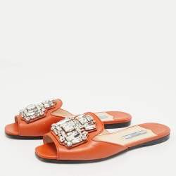 Prada Orange Saffiano Lux Leather Crystals Embellished Flat Slides  Size 36