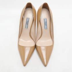 Prada Beige Saffiano Patent Leather Pointed Toe Pumps Size 37.5