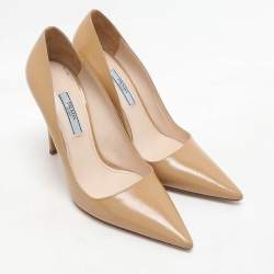 Prada Beige Saffiano Patent Leather Pointed Toe Pumps Size 37.5