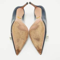 Prada Navy Blue Patent Leather Bow Pointed Toe Pumps Size 40