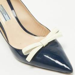Prada Navy Blue Patent Leather Bow Pointed Toe Pumps Size 40