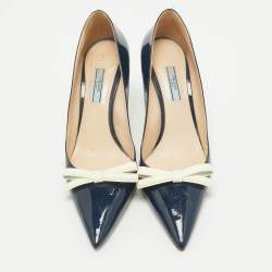 Prada Navy Blue Patent Leather Bow Pointed Toe Pumps Size 40