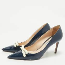 Prada Navy Blue Patent Leather Bow Pointed Toe Pumps Size 40
