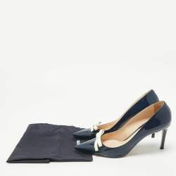 Prada Navy Blue Patent Leather Bow Pointed Toe Pumps Size 40