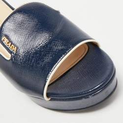 Prada Navy Blue Saffiano Patent Leather Wedge Platform Slide Sandals Size 37