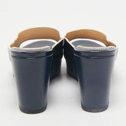 Prada Navy Blue Saffiano Patent Leather Wedge Platform Slide Sandals Size 37