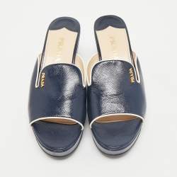 Prada Navy Blue Saffiano Patent Leather Wedge Platform Slide Sandals Size 37
