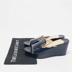 Prada Navy Blue Saffiano Patent Leather Wedge Platform Slide Sandals Size 37