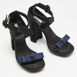 Prada Black/Navy Blue Satin Bow Ankle Strap Sandals Size 39.5