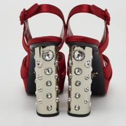 Prada Red Satin Crystal Embellished Heel Strappy Platform Sandals Size 39