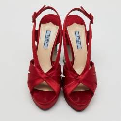 Prada Red Satin Crystal Embellished Heel Strappy Platform Sandals Size 39
