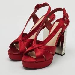 Prada Red Satin Crystal Embellished Heel Strappy Platform Sandals Size 39