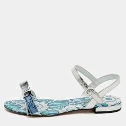 Prada Silver Foil Leather Floral Print Ankle Strap Flat Sandals Size 38.5