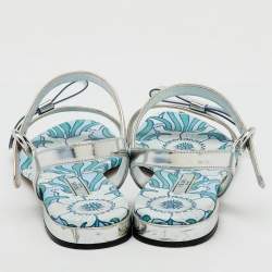 Prada Silver Foil Leather Floral Print Ankle Strap Flat Sandals Size 38.5