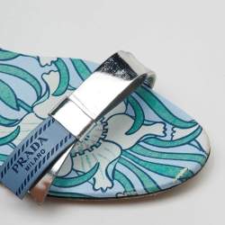 Prada Silver Foil Leather Floral Print Ankle Strap Flat Sandals Size 38.5