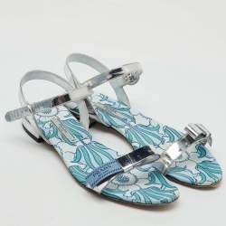 Prada Silver Foil Leather Floral Print Ankle Strap Flat Sandals Size 38.5