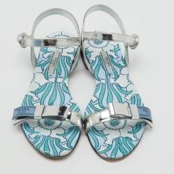 Prada Silver Foil Leather Floral Print Ankle Strap Flat Sandals Size 38.5