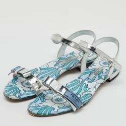 Prada Silver Foil Leather Floral Print Ankle Strap Flat Sandals Size 38.5
