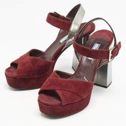 Prada Burgundy/Silver Leather and Suede Ankle Strap Sandals Size 38.5