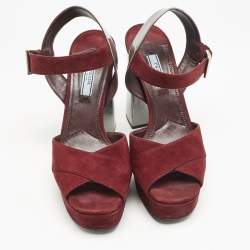 Prada Burgundy/Silver Leather and Suede Ankle Strap Sandals Size 38.5