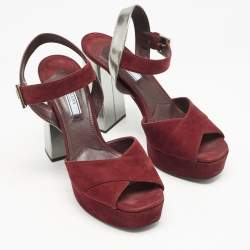 Prada Burgundy/Silver Leather and Suede Ankle Strap Sandals Size 38.5