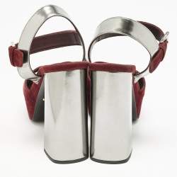 Prada Burgundy/Silver Leather and Suede Ankle Strap Sandals Size 38.5