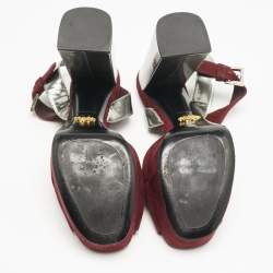 Prada Burgundy/Silver Leather and Suede Ankle Strap Sandals Size 38.5