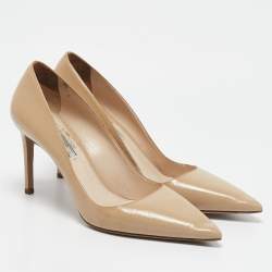 Prada Beige Saffiano Patent Leather Pointed Toe Pumps Size 40.5