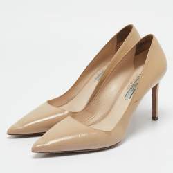 Prada Beige Saffiano Patent Leather Pointed Toe Pumps Size 40.5