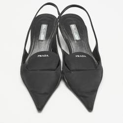 Prada Black Nylon Logo Print Pointed Toe Slingback Pumps Size 36