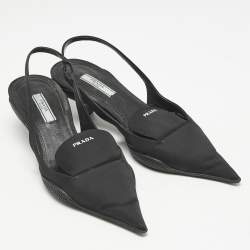 Prada Black Nylon Logo Print Pointed Toe Slingback Pumps Size 36