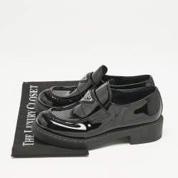 Prada Black Patent Leather Triangle Logo Slip On Loafers Size 37