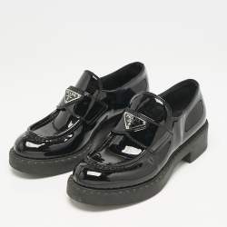 Prada Black Patent Leather Triangle Logo Slip On Loafers Size 37