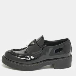 Prada Black Patent Leather Triangle Logo Slip On Loafers Size 37