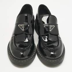 Prada Black Patent Leather Triangle Logo Slip On Loafers Size 37