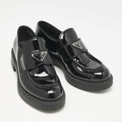 Prada Black Patent Leather Triangle Logo Slip On Loafers Size 37