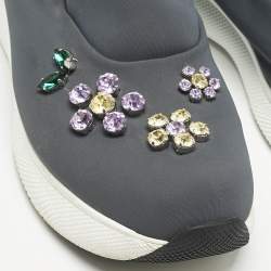 Prada Grey Stretch Fabric Crystal Embellished Slip On Sneakers size 37.5