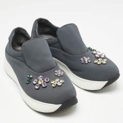 Prada Grey Stretch Fabric Crystal Embellished Slip On Sneakers size 37.5