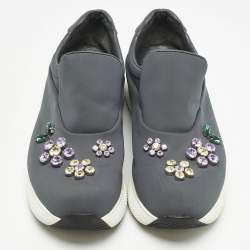 Prada Grey Stretch Fabric Crystal Embellished Slip On Sneakers size 37.5