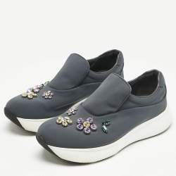 Prada Grey Stretch Fabric Crystal Embellished Slip On Sneakers size 37.5