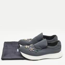 Prada Grey Stretch Fabric Crystal Embellished Slip On Sneakers size 37.5