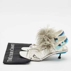 Prada Metallic Silver Leather and Ostrich Feather Ankle Strap Sandals Size 40
