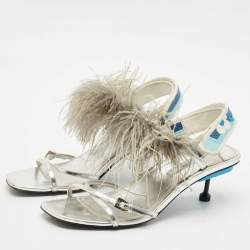 Prada Metallic Silver Leather and Ostrich Feather Ankle Strap Sandals Size 40