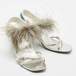 Prada Metallic Silver Leather and Ostrich Feather Ankle Strap Sandals Size 40