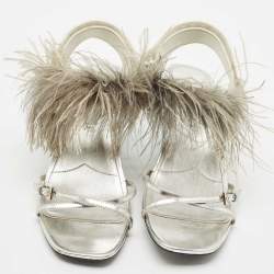 Prada Metallic Silver Leather and Ostrich Feather Ankle Strap Sandals Size 40