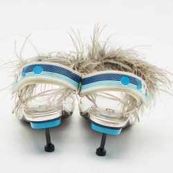 Prada Metallic Silver Leather and Ostrich Feather Ankle Strap Sandals Size 40